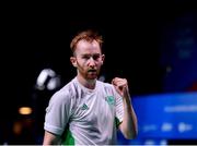 28 June 2019; Samuel Magee of Ireland reacts after winning a point during the Mixed Badminton Doubles quarter-final match against Robin Tabeling and Piek Selena of Netherlands at Falcon Club on Day 8 of the Minsk 2019 2nd European Games in Minsk, Belarus. Photo by Seb Daly/Sportsfile