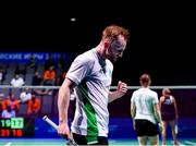 28 June 2019; Samuel Magee of Ireland reacts after winning a point during the Mixed Badminton Doubles quarter-final match against Robin Tabeling and Piek Selena of Netherlands at Falcon Club on Day 8 of the Minsk 2019 2nd European Games in Minsk, Belarus. Photo by Seb Daly/Sportsfile