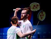 28 June 2019; Samuel Magee and Chloe Magee of Ireland congratulate each other following the victory in their Mixed Badminton Doubles quarter-final match against Robin Tabeling and Piek Selena of Netherlands at Falcon Club on Day 8 of the Minsk 2019 2nd European Games in Minsk, Belarus. Photo by Seb Daly/Sportsfile