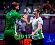 28 June 2019; Chloe Magee of Ireland is congratulated by coach and brother Daniel Magee following the victory in their Mixed Badminton Doubles quarter-final match against Robin Tabeling and Piek Selena of Netherlands at Falcon Club on Day 8 of the Minsk 2019 2nd European Games in Minsk, Belarus. Photo by Seb Daly/Sportsfile