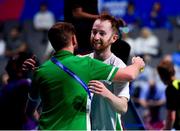 28 June 2019; Samuel Magee of Ireland is congratulated by coach and brother Daniel Magee following the victory in their Mixed Badminton Doubles quarter-final match against Robin Tabeling and Piek Selena of Netherlands at Falcon Club on Day 8 of the Minsk 2019 2nd European Games in Minsk, Belarus. Photo by Seb Daly/Sportsfile
