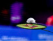28 June 2019; A view of a shuttlecock during the Mixed Badminton Doubles quarter-final match between Samuel Magee and Chloe Magee of Ireland and Robin Tabeling and Piek Selena of Netherlands at Falcon Club on Day 8 of the Minsk 2019 2nd European Games in Minsk, Belarus. Photo by Seb Daly/Sportsfile