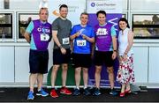 27 June 2019; Enda Dowling, Declan Bergin, and Alan Quigley of Veryan Medical, who finished 3rd in the Mens Team Race, are presented with their trophy by Aengus Burns of Grant Thornton and Karen Golden from Galway Simon Community after the Grant Thornton Corporate 5K Team Challenge Galway at Ballybrit Racecourse in Galway. Photo by Diarmuid Greene/Sportsfile