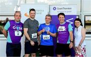 27 June 2019; Enda Dowling, Declan Bergin, and Alan Quigley of Veryan Medical, who finished 3rd in the Mens Team Race, are presented with their trophy by Aengus Burns of Grant Thornton and Karen Golden from Galway Simon Community after the Grant Thornton Corporate 5K Team Challenge Galway at Ballybrit Racecourse in Galway. Photo by Diarmuid Greene/Sportsfile