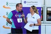27 June 2019; Aengus Burns of Grant Thornton is interviewed by Joanne Murphy of Tri Talking Sport after the Grant Thornton Corporate 5K Team Challenge Galway at Ballybrit Racecourse in Galway. Photo by Diarmuid Greene/Sportsfile