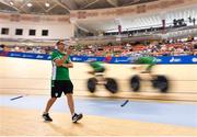 28 June 2019; Performance Director Brian Nugent encourages the Ireland team during the Women's Track Cycling Team Pursuit final at Minsk Arena Velodrome on Day 8 of the Minsk 2019 2nd European Games in Minsk, Belarus. Photo by Seb Daly/Sportsfile