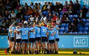 26 June 2019; Dublin players huddle during the Bord Gais Energy Leinster GAA Hurling U20 Championship quarter-final match between Dublin and Offaly at Parnell Park in Dublin. Photo by Eóin Noonan/Sportsfile
