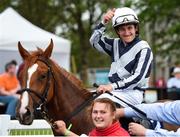 28 June 2019; Jockey Shane Foley celebrates after winning the Airlie Stud Stakes race on Albigna during day two of the Irish Derby Festival at The Curragh Racecourse in Kildare. Photo by Barry Cregg/Sportsfile