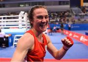 28 June 2019; Kellie Harrington of Ireland celebrates following victory during her Women's Lightweight semi-final bout against Agnes Alexiusson of Sweden at Minsk Arena Velodrome on Day 8 of the Minsk 2019 2nd European Games in Minsk, Belarus. Photo by Seb Daly/Sportsfile