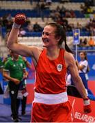28 June 2019; Kellie Harrington of Ireland celebrates following victory during her Women's Lightweight semi-final bout against Agnes Alexiusson of Sweden at Minsk Arena Velodrome on Day 8 of the Minsk 2019 2nd European Games in Minsk, Belarus. Photo by Seb Daly/Sportsfile