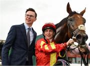 28 June 2019; Jockey Wayne Lordan and trainer Joseph O' Brien after he rode Iridessa to victory in the Juddmonte Pretty Polly Stakes race during day two of the Irish Derby Festival at The Curragh Racecourse in Kildare. Photo by Barry Cregg/Sportsfile