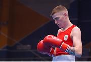 28 June 2019; Regan Buckley of Ireland prior to his Men's Light Flyweight semi-final bout against Artur Hovhannisyan of Armenia at Minsk Arena Velodrome on Day 8 of the Minsk 2019 2nd European Games in Minsk, Belarus. Photo by Seb Daly/Sportsfile