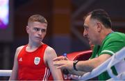 28 June 2019; Regan Buckley of Ireland with coach Zaur Antia prior to his Men's Light Flyweight semi-final bout against Artur Hovhannisyan of Armenia at Minsk Arena Velodrome on Day 8 of the Minsk 2019 2nd European Games in Minsk, Belarus. Photo by Seb Daly/Sportsfile