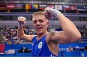 28 June 2019; Kurt Walker of Ireland celebrates after victory over Peter McGrail of Great Britain in their Men's Bantamweight semi-final bout at Minsk Arena Velodrome on Day 8 of the Minsk 2019 2nd European Games in Minsk, Belarus. Photo by Seb Daly/Sportsfile