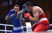 28 June 2019; Michael Nevin, left, of Ireland in action against Salvatore Cavallaro of Italy during their Men's Middleweight semi-final bout at Minsk Arena Velodrome on Day 8 of the Minsk 2019 2nd European Games in Minsk, Belarus. Photo by Seb Daly/Sportsfile