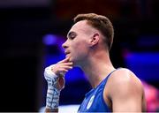 28 June 2019; Michael Nevin of Ireland following his Men's Middleweight semi-final bout defeat to Salvatore Cavallaro of Italy at Minsk Arena Velodrome on Day 8 of the Minsk 2019 2nd European Games in Minsk, Belarus. Photo by Seb Daly/Sportsfile