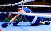 28 June 2019; Michael Nevin of Ireland is knocked down during his Men's Middleweight semi-final bout against Salvatore Cavallaro of Italy at Minsk Arena Velodrome on Day 8 of the Minsk 2019 2nd European Games in Minsk, Belarus. Photo by Seb Daly/Sportsfile