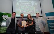 28 June 2019; Hicham Lamchaali is presented with his certificate by Mark Connors, Development Officer, FAI, Cllr Vicki Casserly, Mayor of South Dublin, and Robbie De Courcy, Development Officer, FAI, during the Breakthrough Performance Awards 2019 at the South Dublin County Council Chambers in Tallaght, Dublin. Photo by Ramsey Cardy/Sportsfile