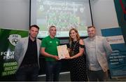 28 June 2019; Jamie Adams is presented with his certificate by Mark Connors, Development Officer, FAI, Cllr Vicki Casserly, Mayor of South Dublin, and Robbie De Courcy, Development Officer, FAI, during the Breakthrough Performance Awards 2019 at the South Dublin County Council Chambers in Tallaght, Dublin. Photo by Ramsey Cardy/Sportsfile