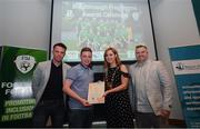 28 June 2019; Cian McEvoy is presented with his certificate by Mark Connors, Development Officer, FAI, Cllr Vicki Casserly, Mayor of South Dublin, and Robbie De Courcy, Development Officer, FAI, during the Breakthrough Performance Awards 2019 at the South Dublin County Council Chambers in Tallaght, Dublin. Photo by Ramsey Cardy/Sportsfile