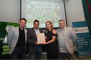 28 June 2019; Geoffrey McCarthy is presented with his certificate by Mark Connors, Development Officer, FAI, Cllr Vicki Casserly, Mayor of South Dublin, and Robbie De Courcy, Development Officer, FAI, during the Breakthrough Performance Awards 2019 at the South Dublin County Council Chambers in Tallaght, Dublin. Photo by Ramsey Cardy/Sportsfile