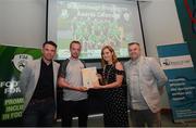 28 June 2019; Dylan Kirwan is presented with his certificate by Mark Connors, Development Officer, FAI, Cllr Vicki Casserly, Mayor of South Dublin, and Robbie De Courcy, Development Officer, FAI, during the Breakthrough Performance Awards 2019 at the South Dublin County Council Chambers in Tallaght, Dublin. Photo by Ramsey Cardy/Sportsfile