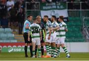 28 June 2019; Shamrock Rovers players protest to referee Robert Harvey after Gary Rogers of Dundalk fouled Trevor Clarke of Shamrock Rovers during the SSE Airtricity League Premier Division match between Shamrock Rovers and Dundalk at Tallaght Stadium in Dublin. Photo by Eóin Noonan/Sportsfile
