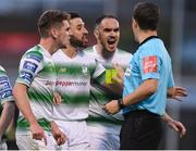 28 June 2019; Shamrock Rovers player, from left, Dylan Watts, Roberto Lopes and Joey O'Brien remonstrate with referee Robert Harvey during the SSE Airtricity League Premier Division match between Shamrock Rovers and Dundalk at Tallaght Stadium in Dublin. Photo by Ben McShane/Sportsfile