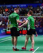 29 June 2019; Samuel Magee and Chloe Magee of Ireland console each other following defeat to Gabrielle Adcock and Chris Adcock during their Mixed Badminton Doubles semi-final match at Falcon Club on Day 9 of the Minsk 2019 2nd European Games in Minsk, Belarus. Photo by Seb Daly/Sportsfile