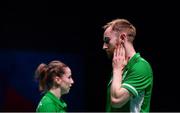 29 June 2019; Samuel Magee of Ireland reacts after losing a point during the Mixed Badminton Doubles semi-final match against Gabrielle Adcock and Chris Adcock at Falcon Club on Day 9 of the Minsk 2019 2nd European Games in Minsk, Belarus. Photo by Seb Daly/Sportsfile