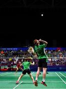 29 June 2019; Samuel Magee and Chloe Magee of Ireland in action against Gabrielle Adcock and Chris Adcock during the Mixed Badminton Doubles semi-final match at Falcon Club on Day 9 of the Minsk 2019 2nd European Games in Minsk, Belarus. Photo by Seb Daly/Sportsfile