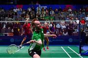 29 June 2019; Samuel Magee of Ireland in action against Gabrielle Adcock and Chris Adcock during the Mixed Badminton Doubles semi-final match at Falcon Club on Day 9 of the Minsk 2019 2nd European Games in Minsk, Belarus. Photo by Seb Daly/Sportsfile