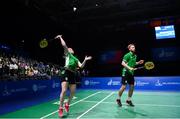 29 June 2019; Chloe Magee and Samuel Magee of Ireland in action against Gabrielle Adcock and Chris Adcock during the Mixed Badminton Doubles semi-final match at Falcon Club on Day 9 of the Minsk 2019 2nd European Games in Minsk, Belarus. Photo by Seb Daly/Sportsfile