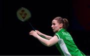 29 June 2019; Chloe Magee of Ireland in action against Gabrielle Adcock and Chris Adcock during the Mixed Badminton Doubles semi-final match at Falcon Club on Day 9 of the Minsk 2019 2nd European Games in Minsk, Belarus. Photo by Seb Daly/Sportsfile