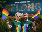 29 June 2019; Pictured at Croke Park ahead of the Dublin Pride Parade are inter county GAA referee David Gough and former Cork All Star Valerie Mulcahy. Photo by Ramsey Cardy/Sportsfile