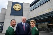 29 June 2019; Pictured at Croke Park ahead of the Dublin Pride Parade are inter county GAA referee David Gough, left, former Cork All Star Valerie Mulcahy and Uachtarán Chumann Lúthchleas Gael John Horan. Photo by Ramsey Cardy/Sportsfile