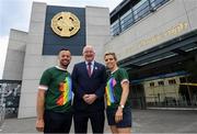 29 June 2019; Pictured at Croke Park ahead of the Dublin Pride Parade are inter county GAA referee David Gough, left, former Cork All Star Valerie Mulcahy and Uachtarán Chumann Lúthchleas Gael John Horan. Photo by Ramsey Cardy/Sportsfile
