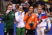 29 June 2019; Silver medallist Michaela Walsh of Ireland, left, alongside gold medallist Stanimira Petrova of Bulgaria and bronze medallists Jemyma Betrian of Netherlands and Daria Abramova of Russia following the Women’s Featherweight final bout at Uruchie Sports Palace on Day 9 of the Minsk 2019 2nd European Games in Minsk, Belarus. Photo by Seb Daly/Sportsfile