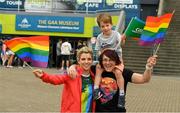 29 June 2019; Valerie Mulcahy, Cork, and Lindsay Peat, Dublin, with Barra Peat Brogan, 4 years, in attendance, at Croke Park, Dublin, before setting off to join the Dublin Pride Parade 2019. Photo by Ray McManus/Sportsfile