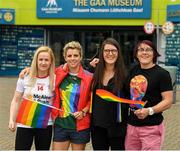 29 June 2019; Gemma Begley, the former Tyrone player, Valerie Mulcahy, Cork, Brona Sheridan, Cavan, and Lindsay Peat, Dublin, i n attendance, at Croke Park, Dublin, before setting off to join the Dublin Pride Parade 2019. Photo by Ray McManus/Sportsfile