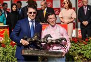 29 June 2019; Trainer Aidan O'Brien and jockey Padraig Beggy after winning The Dubai Duty Free Irish Derby with Sovereigh during day three of the Irish Derby Festival at The Curragh Racecourse in Kildare. Photo by Matt Browne/Sportsfile