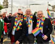 29 June 2019; Former Leinster Rugby President Niall Rynne, left, Tom Duffy, Chair of Junior Committee, Leinster Rugby, and Eugene Noble, Chair of Womens Committee, Leinster Rugby, in attendance during the Dublin Pride Parade 2019 at O'Connell Street in Dublin. Photo by Ray McManus/Sportsfile