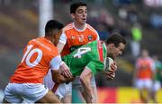 29 June 2019; Andy Moran of Mayo in action against Jemar Hall, left, and Rory Grugan of Armagh during the GAA Football All-Ireland Senior Championship Round 3 match between Mayo and Armagh at Elverys MacHale Park in Castlebar, Mayo. Photo by Brendan Moran/Sportsfile