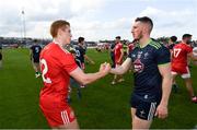29 June 2019; Peter Harte of Tyrone shakes hands with Neil Flynn of Kildare following the GAA Football All-Ireland Senior Championship Round 3 match between Kildare and Tyrone at St Conleth's Park in Newbridge, Co. Kildare. Photo by Ramsey Cardy/Sportsfile
