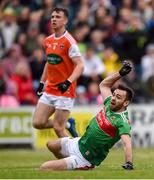 29 June 2019; Kevin McLoughlin of Mayo watches his shot to score his side's second goal during the GAA Football All-Ireland Senior Championship Round 3 match between Mayo and Armagh at Elverys MacHale Park in Castlebar, Mayo. Photo by Ben McShane/Sportsfile