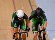 29 June 2019; Mark Downey, left, and Fintan Ryan of Ireland compete in the Men’s Track Cycling Madison race at Minsk Arena Velodrome on Day 9 of the Minsk 2019 2nd European Games in Minsk, Belarus. Photo by Seb Daly/Sportsfile