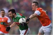 29 June 2019; Kevin McLoughlin of Mayo is pushed Mark Shields of Armagh, resulting in a foul, during the GAA Football All-Ireland Senior Championship Round 3 match between Mayo and Armagh at Elverys MacHale Park in Castlebar, Mayo. Photo by Ben McShane/Sportsfile