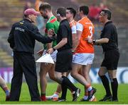 29 June 2019; Armagh manager Kieran McGeeney attempts to speak to referee Maurice Deegan at half-time during the GAA Football All-Ireland Senior Championship Round 3 match between Mayo and Armagh at Elverys MacHale Park in Castlebar, Mayo. Photo by Brendan Moran/Sportsfile