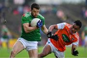 29 June 2019; Chris Barrett of Mayo is tackled by Jemar Hall of Armagh during the GAA Football All-Ireland Senior Championship Round 3 match between Mayo and Armagh at Elverys MacHale Park in Castlebar, Mayo. Photo by Brendan Moran/Sportsfile