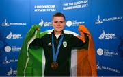 30 June 2019; Bronze medallist Regan Buckley of Ireland following the Men's Light Flyweight medal ceremony at Uruchie Sports Palace on Day 10 of the Minsk 2019 2nd European Games in Minsk, Belarus. Photo by Seb Daly/Sportsfile